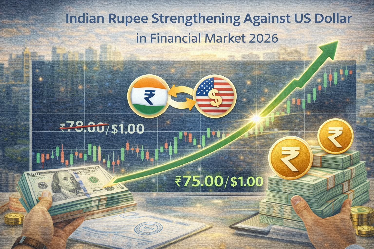 Indian rupee strengthening against US dollar financial market chart in 2026